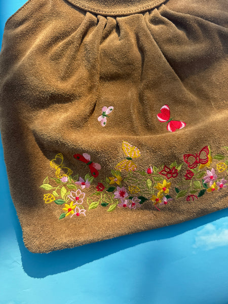 Brown Suede Embroidered Butterfly & Flower Bag