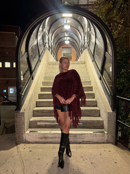 Burgundy Fringe Vintage Poncho