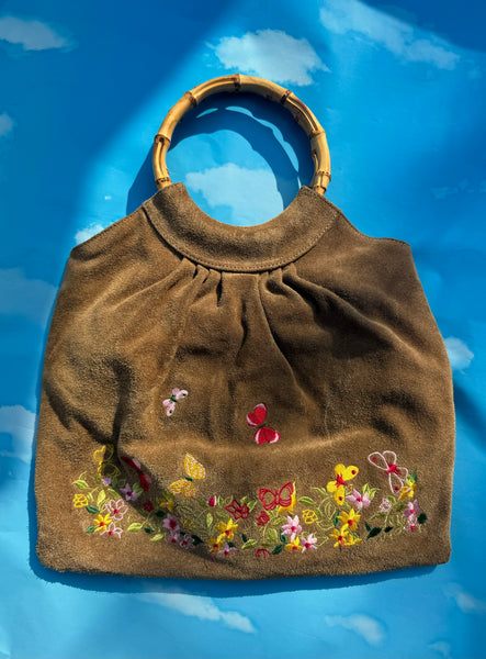 Brown Suede Embroidered Butterfly & Flower Bag