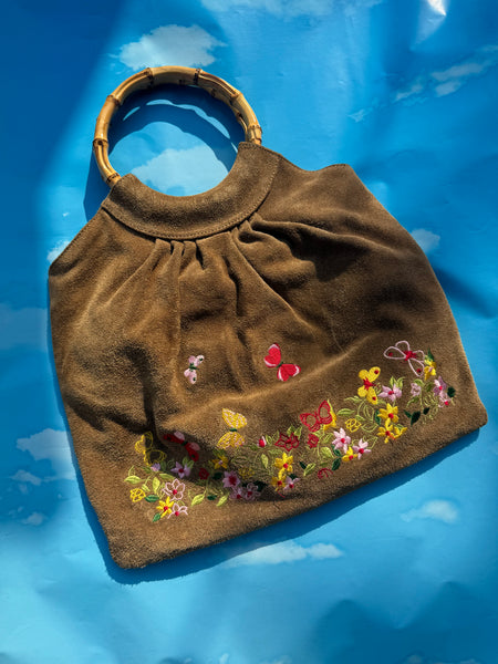 Brown Suede Embroidered Butterfly & Flower Bag