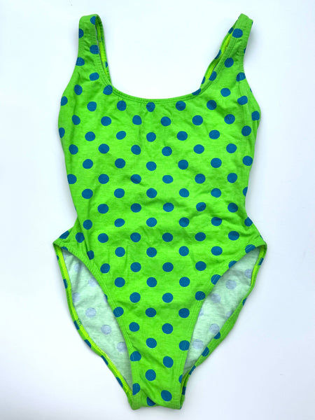 Lime Green & Blue 80s Polka Dot One Piece Swimsuit