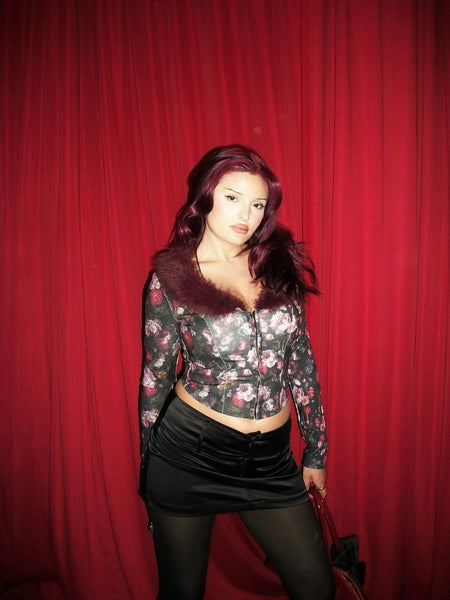 90s Style Current Mood Faux Fur Collared Floral Top