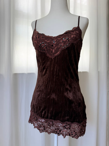 Asymmetrical Brown Velvet & Sequin Fairy-core Tank