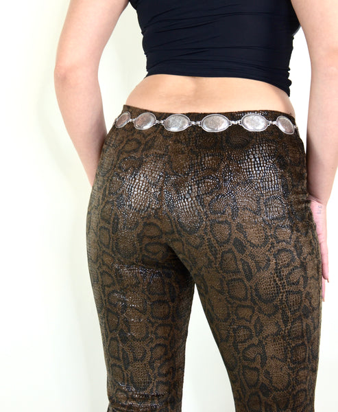Brown 70s Style Snakeskin Flared Shiny Pants