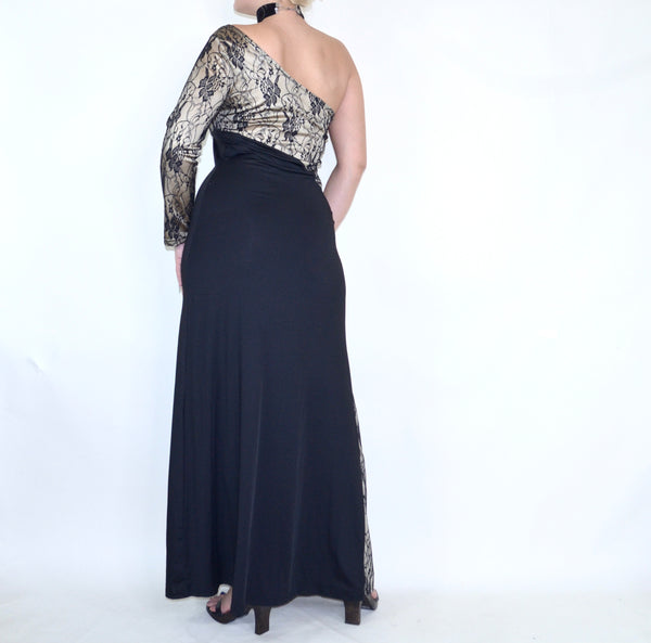 90s Vintage Black Lace & Beige Satin Maxi Asymmetrical Dress