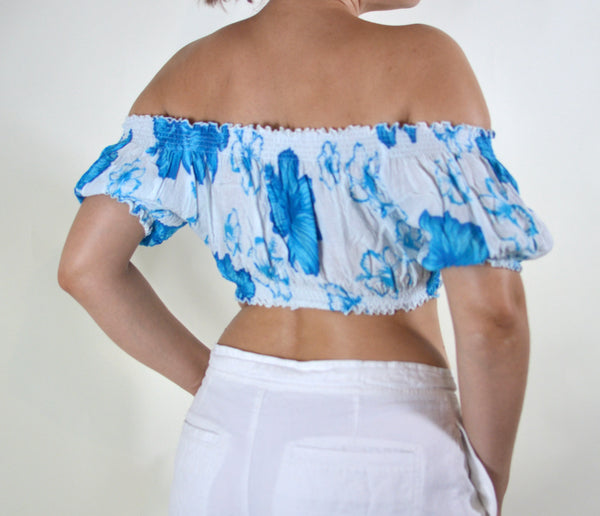 80s Style Vintage Hibiscus Print Off Shoulder Ruched Top