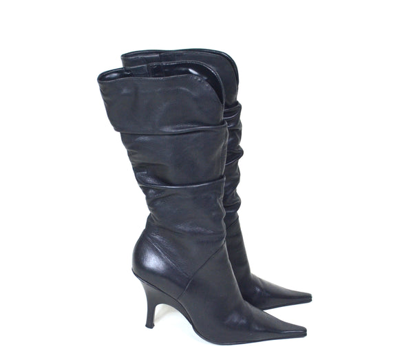 Black Leather Vintage Knee High Boots