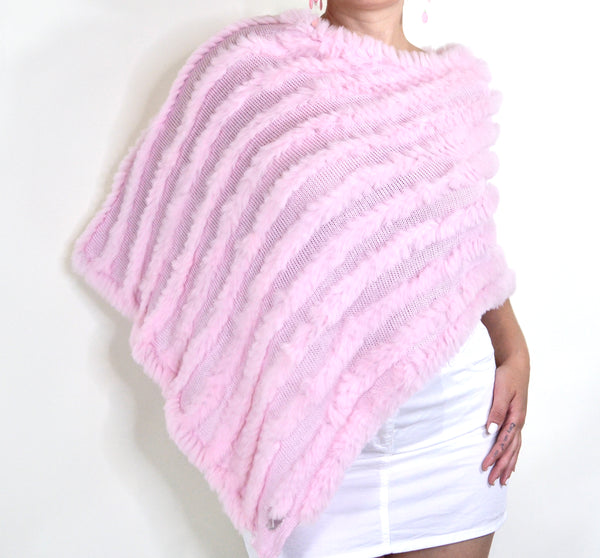 Baby Pink Y2K Faux Fur Striped Knit Poncho