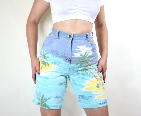 80s / 90s Beach Print Vintage Denim Shorts
