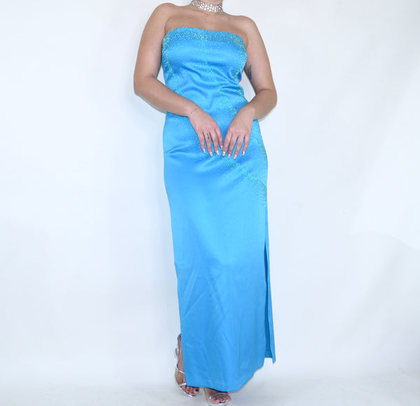 Y2K Vintage Sparkly Satin Blue Sleeveless Gown