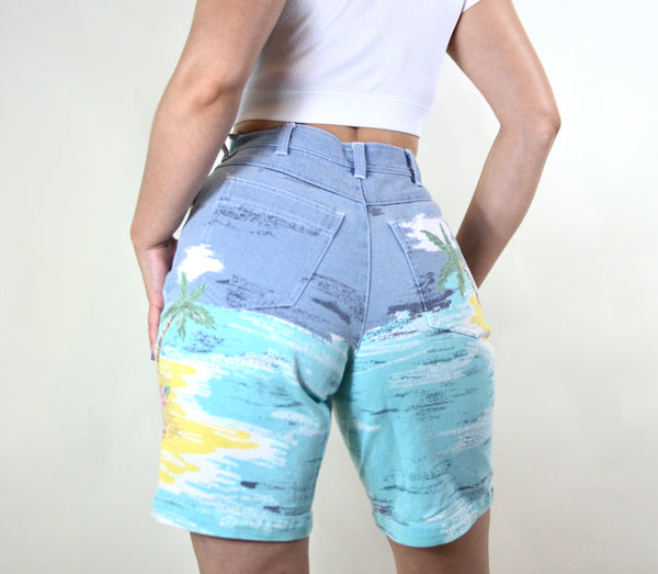 80s / 90s Beach Print Vintage Denim Shorts