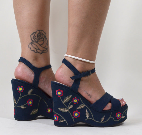 90s Does 70s Style Floral Faux Suede Platform Sandals