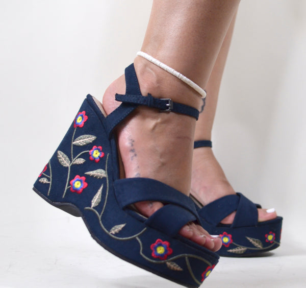 90s Does 70s Style Floral Faux Suede Platform Sandals