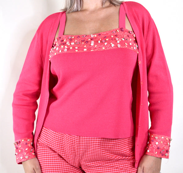 90s Style Vintage Punch Pink Two Piece Knit Cardigan & Tank Set