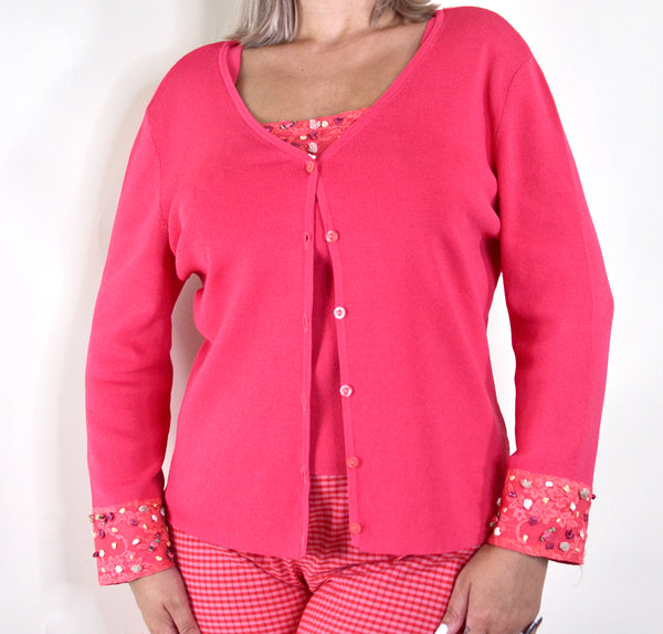 90s Style Vintage Punch Pink Two Piece Knit Cardigan & Tank Set