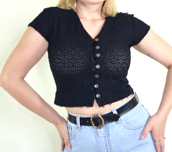 90s Black Lace Short Sleeve Top
