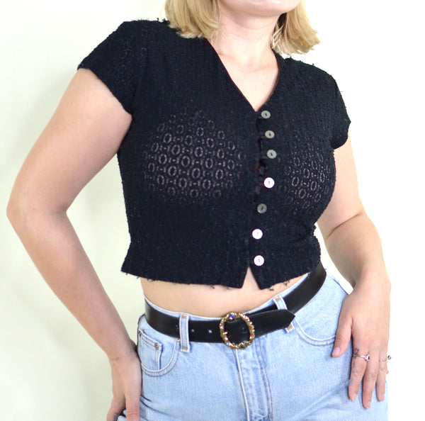 90s Black Lace Short Sleeve Top