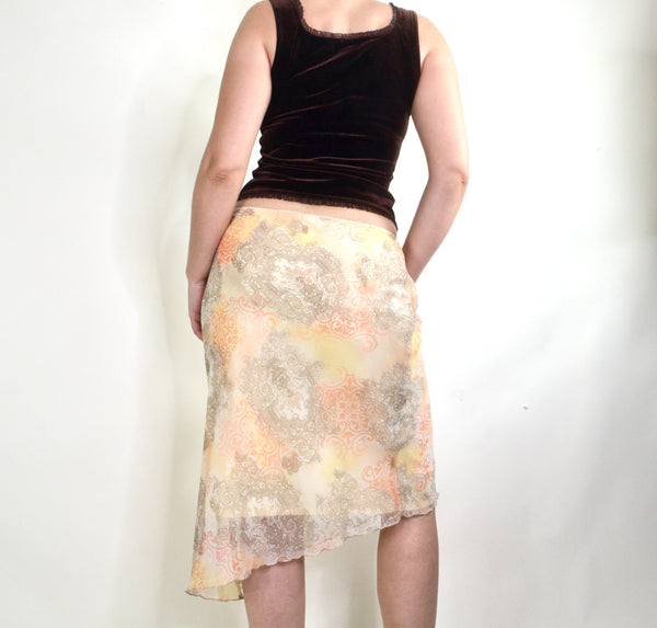 90s / Y2K Yellow Paisley Print Asymmetrical Midi Skirt&nbsp;