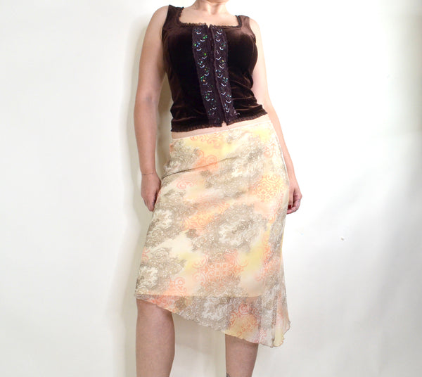 90s / Y2K Yellow Paisley Print Asymmetrical Midi Skirt&nbsp;