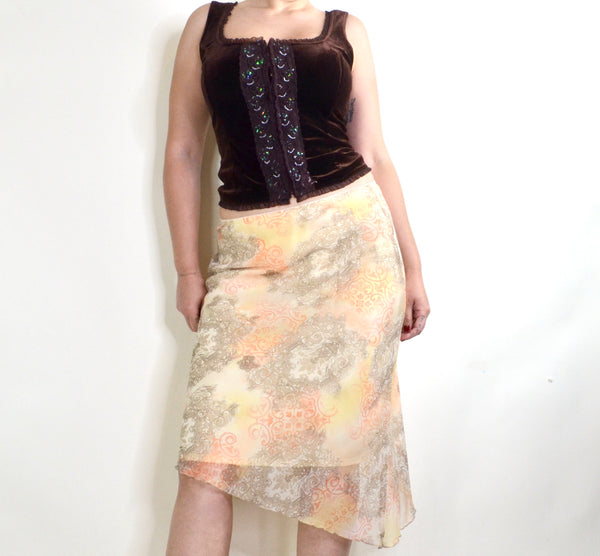 90s / Y2K Yellow Paisley Print Asymmetrical Midi Skirt&nbsp;