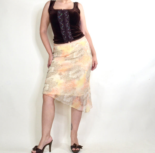 90s / Y2K Yellow Paisley Print Asymmetrical Midi Skirt&nbsp;