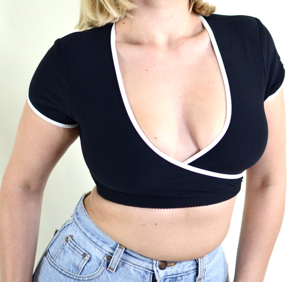 90s Style Spandex Black Mossimo Cropped Sporty Wrap Top
