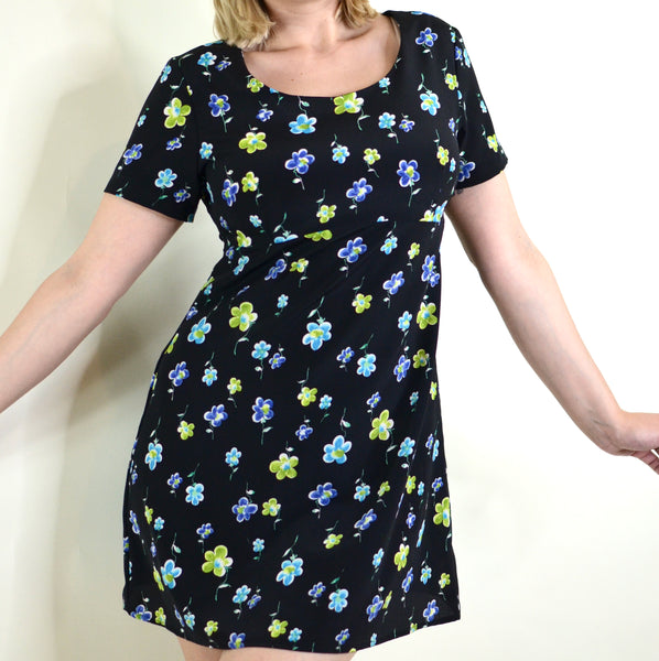 90s Black Floral Mini Short Sleeve Dress