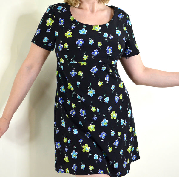 90s Black Floral Mini Short Sleeve Dress