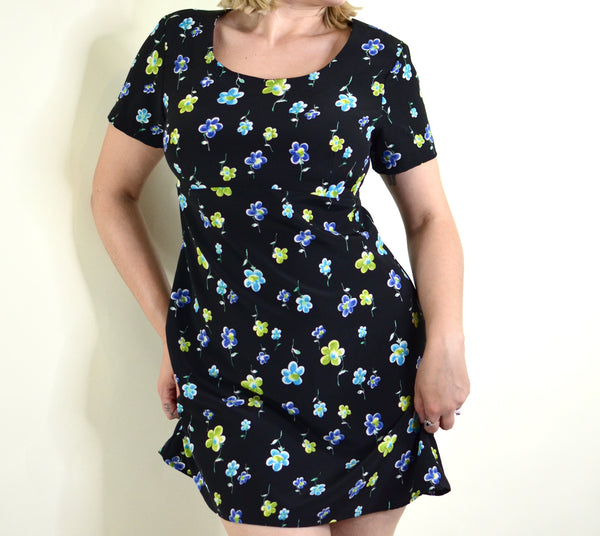 90s Black Floral Mini Short Sleeve Dress