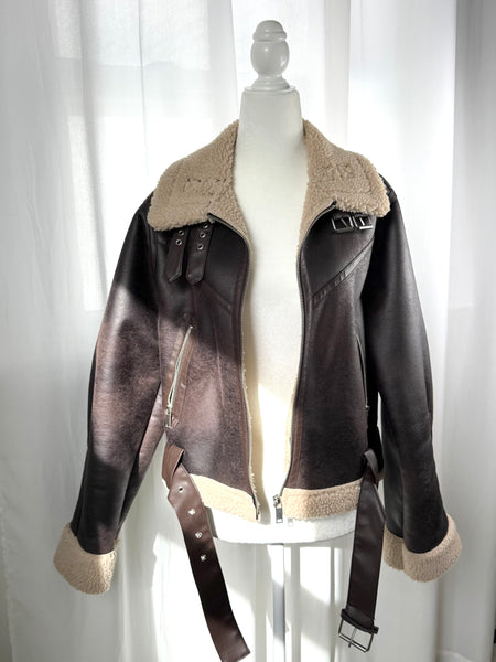 Brown Faux Suede Leather Shearling Jacket