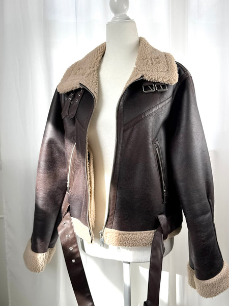 Brown Faux Suede Leather Shearling Jacket