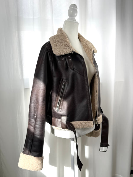 Brown Faux Suede Leather Shearling Jacket
