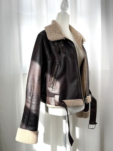 Brown Faux Suede Leather Shearling Jacket