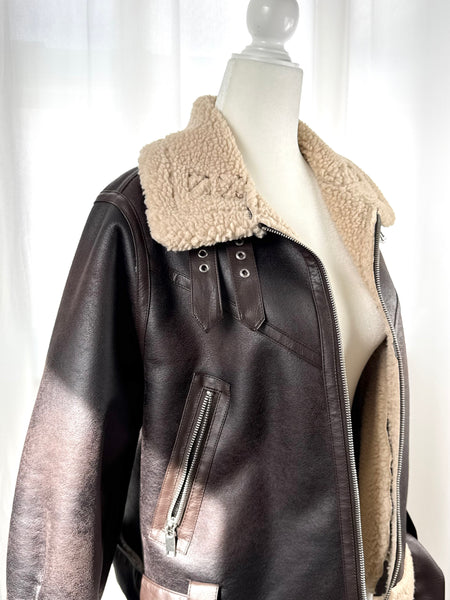 Brown Faux Suede Leather Shearling Jacket