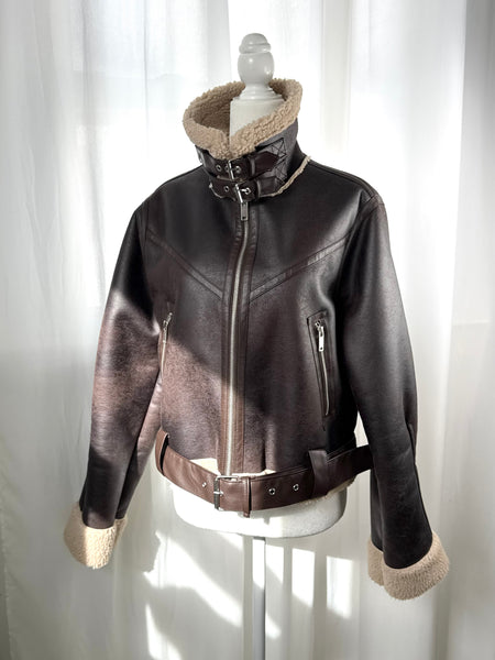 Brown Faux Suede Leather Shearling Jacket