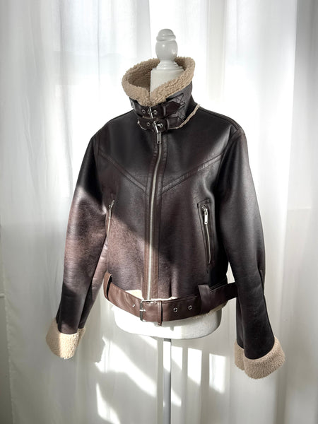 Brown Faux Suede Leather Shearling Jacket