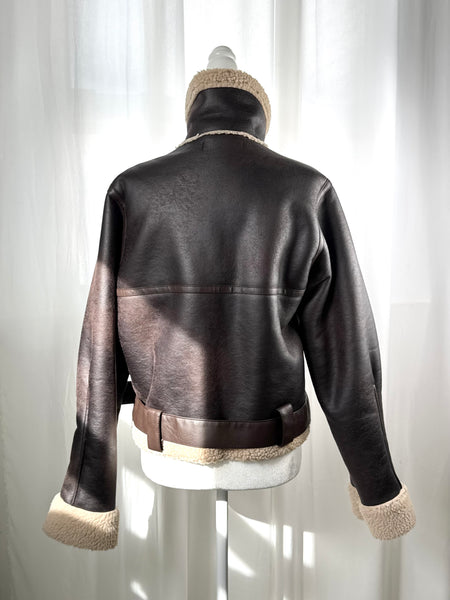 Brown Faux Suede Leather Shearling Jacket