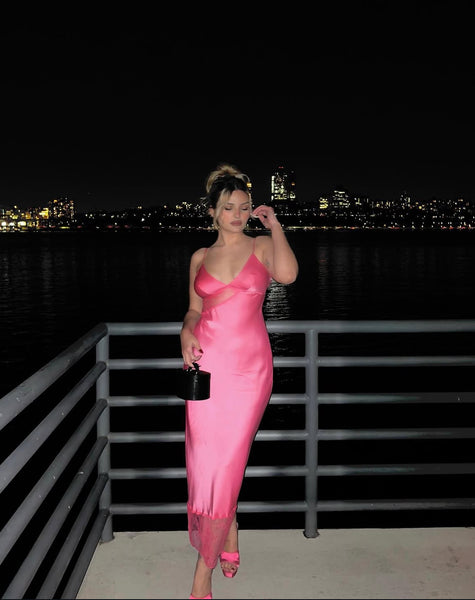 Hot Pink Satin Midi Dress