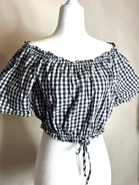 Vintage Black & White Gingham Print Cropped Top