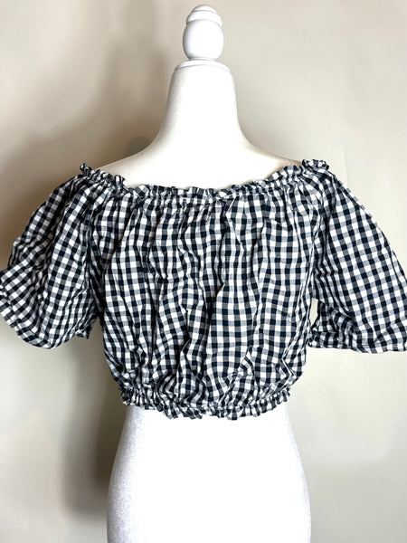 Vintage Black & White Gingham Print Cropped Top