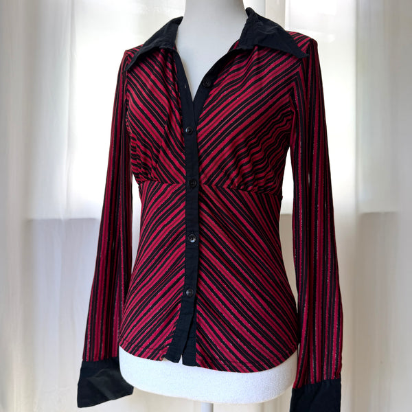 90s Style Vintage Red Striped Button Up Long Sleeve Top&nbsp;