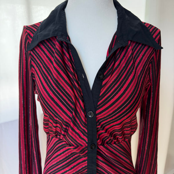 90s Style Vintage Red Striped Button Up Long Sleeve Top&nbsp;