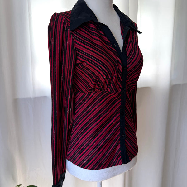 90s Style Vintage Red Striped Button Up Long Sleeve Top&nbsp;