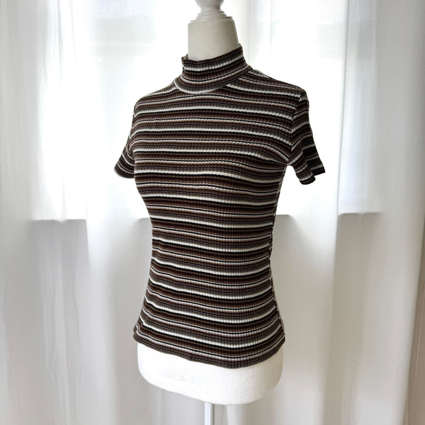Vintage Striped Short Sleeve Turtleneck Top
