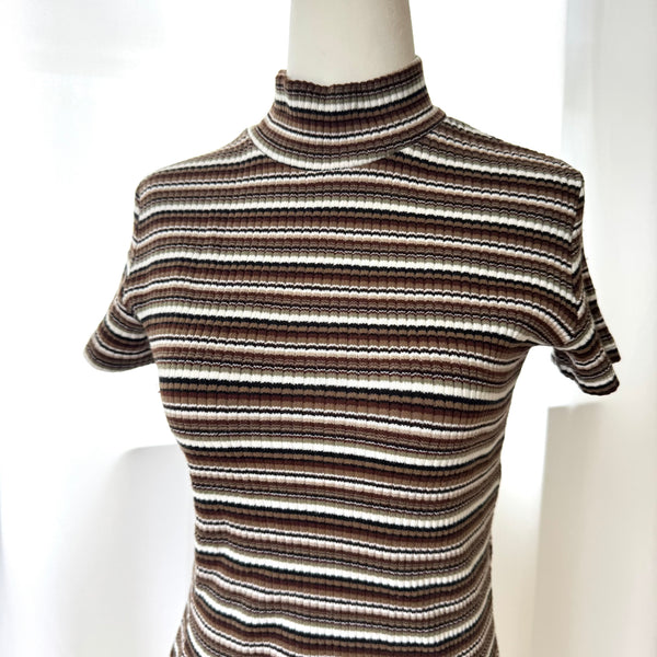Vintage Striped Short Sleeve Turtleneck Top