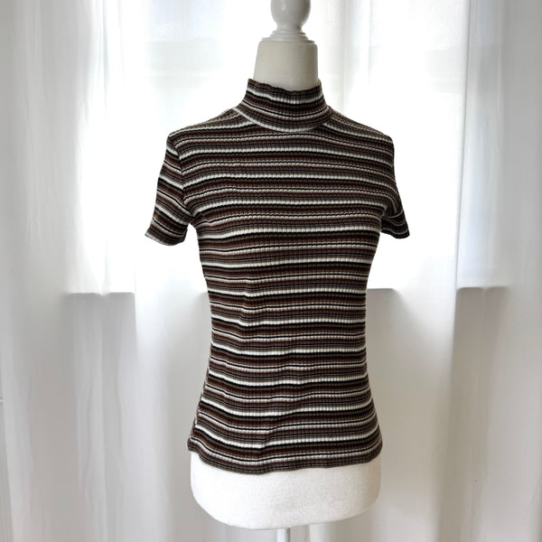 Vintage Striped Short Sleeve Turtleneck Top