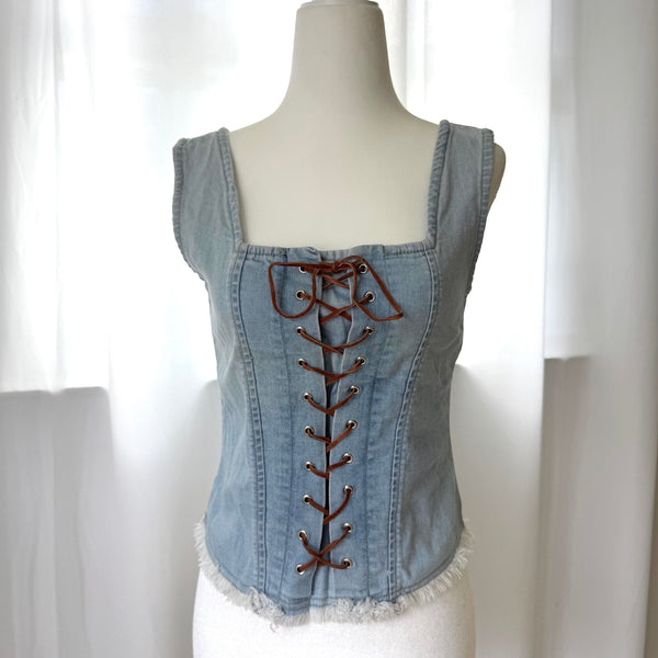 Y2K Blue Denim Lace Up Cowgirl Style Top&nbsp;