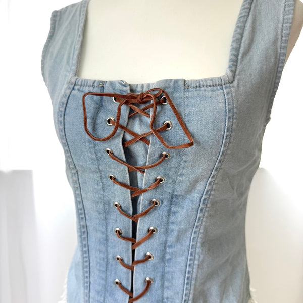 Y2K Blue Denim Lace Up Cowgirl Style Top&nbsp;