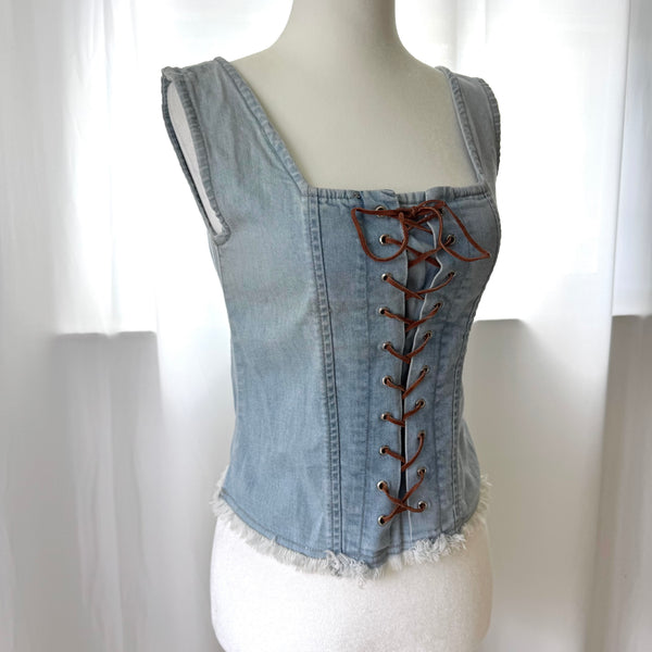 Y2K Blue Denim Lace Up Cowgirl Style Top&nbsp;