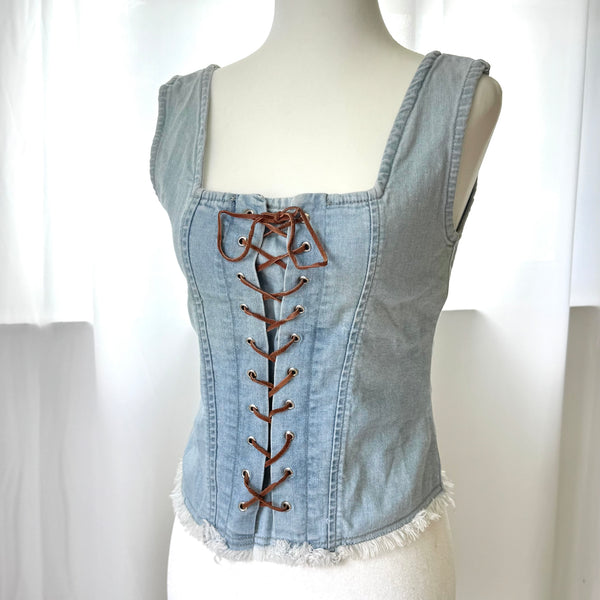 Y2K Blue Denim Lace Up Cowgirl Style Top&nbsp;